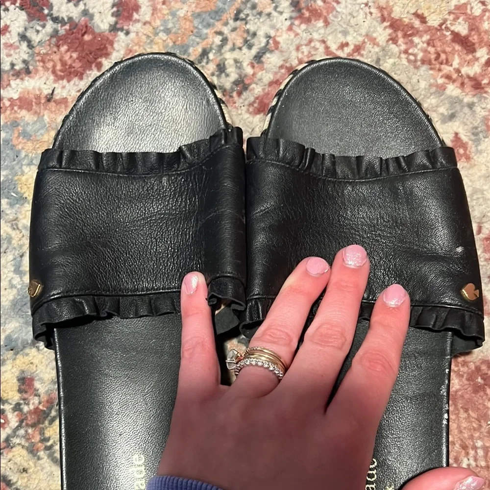 kate spade Black Leather Espadrille Slide Sandals with Braided Jute Trim